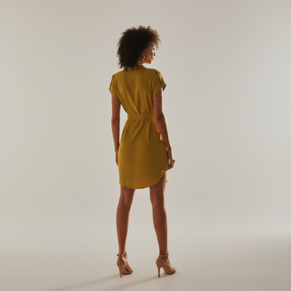 Woman in a yellow dress standing in a room with fruit and plants.