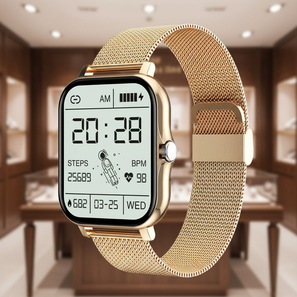 Gold smartwatch with digital display on a white background