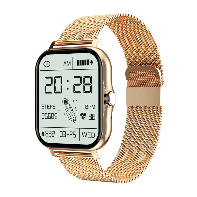 Gold smartwatch with digital display on a white background