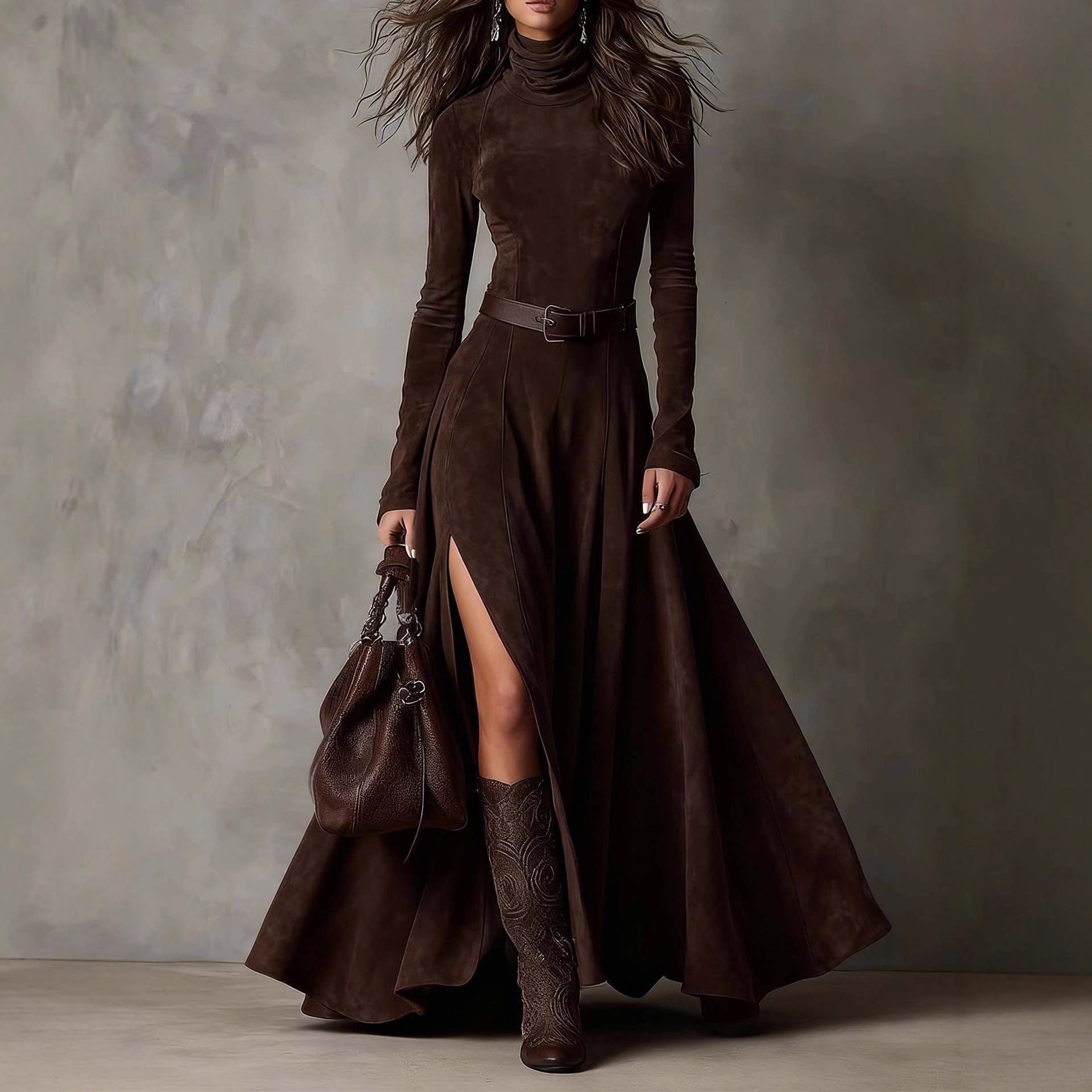 Woman wearing a long brown dress with a belt and high slit, holding a matching handbag against a neutral background.