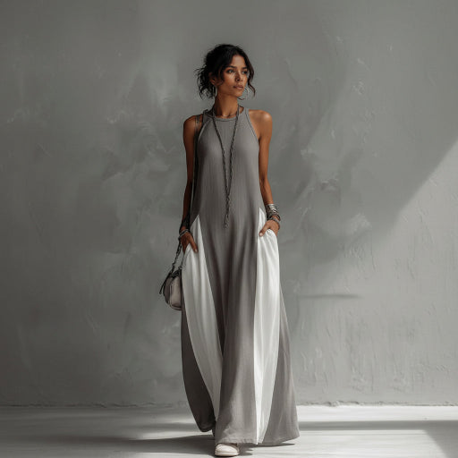 Woman wearing a gray sleeveless jumpsuit against a neutral background