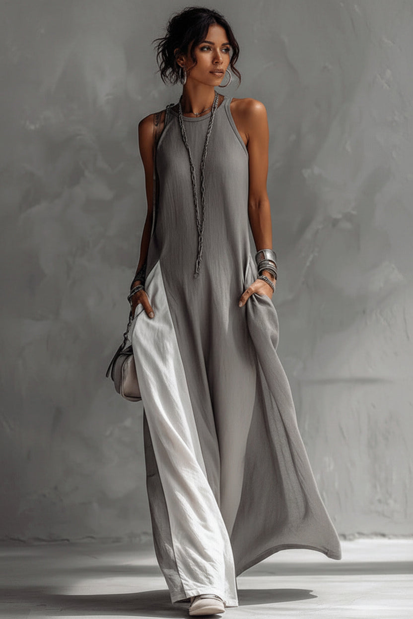 Woman wearing a gray sleeveless jumpsuit against a neutral background