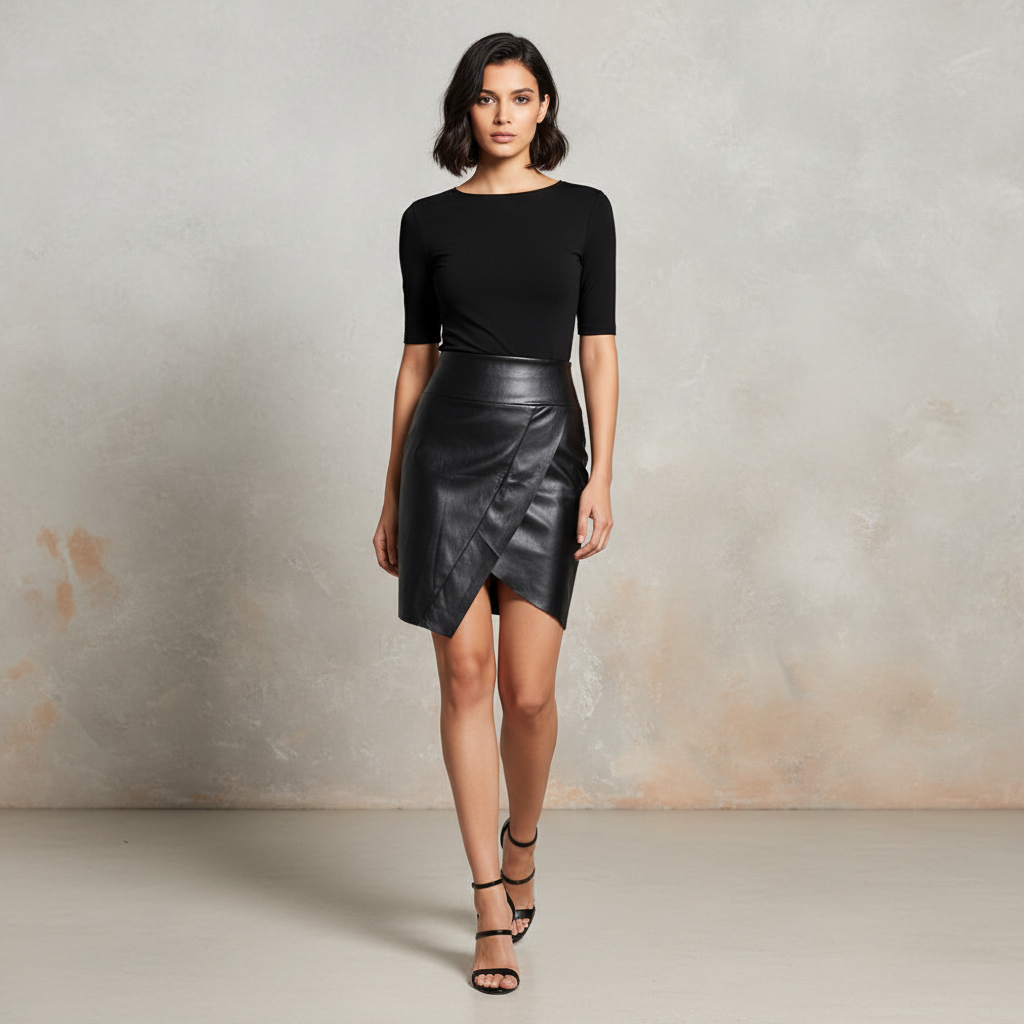 A woman modeling a black short-sleeve knit top and a black faux-leather wrap mini skirt, paired with black strappy high-heeled sandals, standing against a textured light gray studio wall.