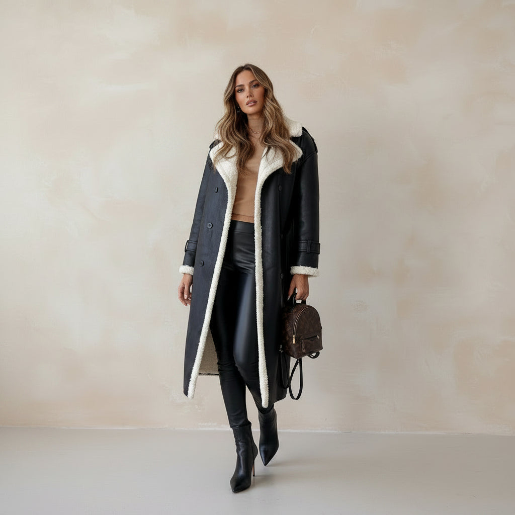 Woman wearing a black coat with white fur lining, holding a brown bag against a white background