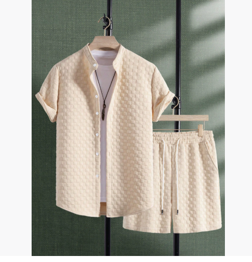 Men's Jacquard Casual Short Sleeve Shirt Outfit - AmiraMart