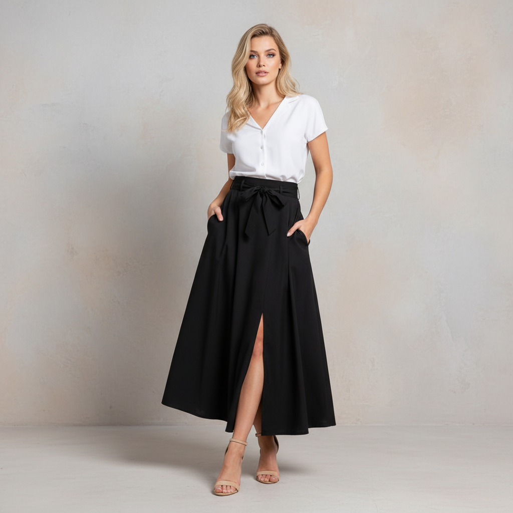A woman stands in a studio wearing a white short-sleeve button-front blouse tucked into a high-waisted black midi skirt with a side slit and bow detail at the waist, paired with nude high-heel sandals.