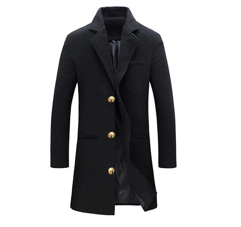 Black coat with gold buttons on a white background