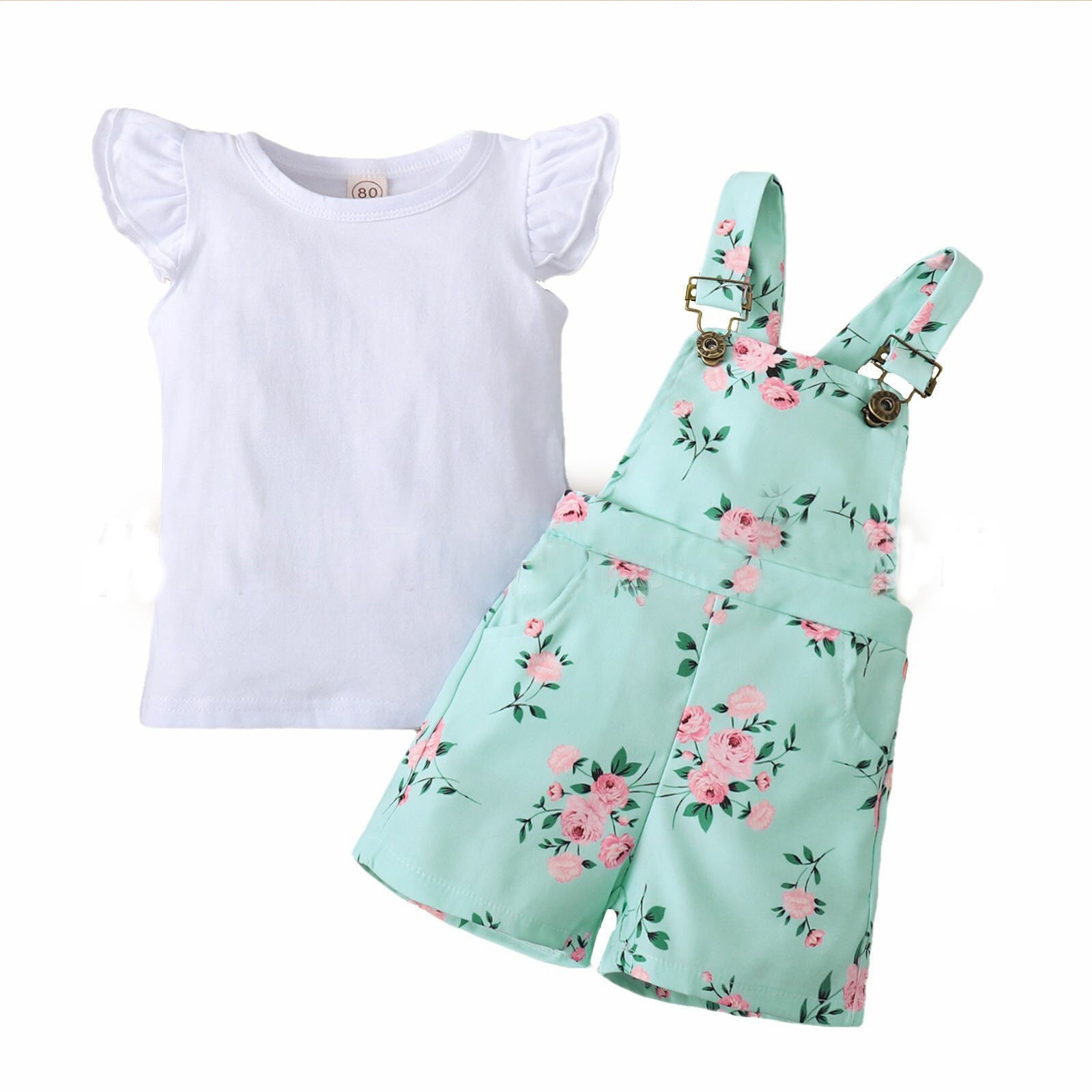 Floral Suspender Pants Suit with Short-Sleeve T-shirt - AmiraMart