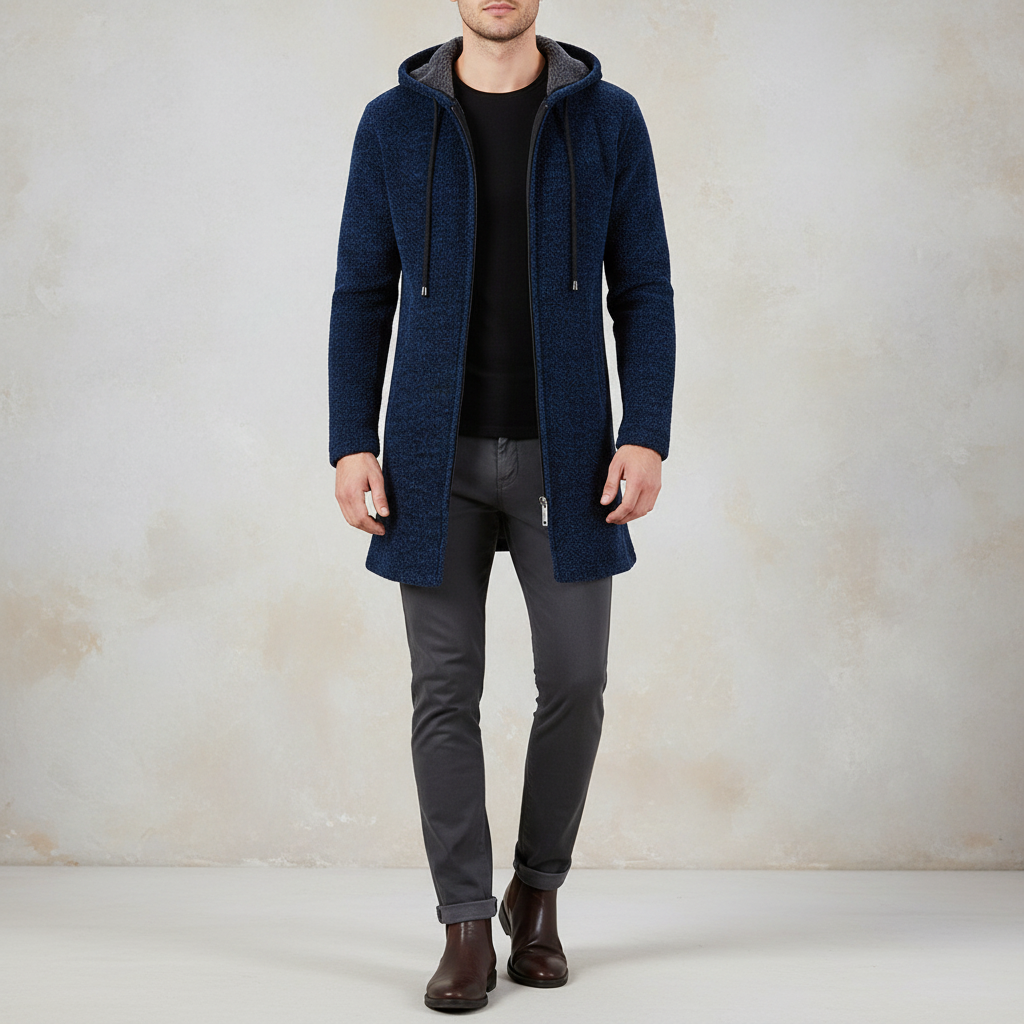A man wearing a navy blue textured hooded jacket over a black shirt, dark gray trousers, and brown leather boots, standing against a textured beige studio wall.