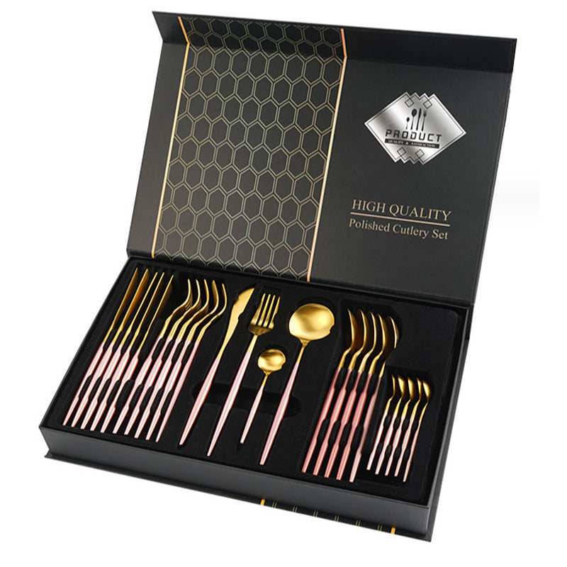 Gold cutlery set in a black box with 'High Quality' label