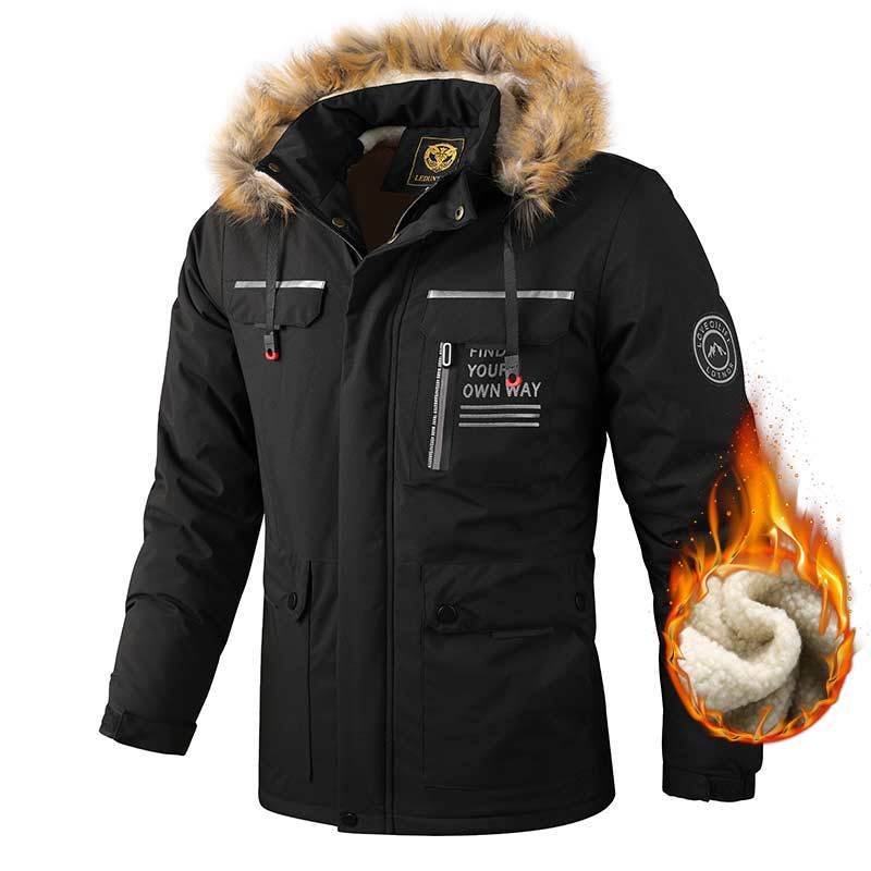 Black winter jacket with fur hood and flame graphic on a white background