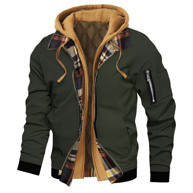 Green jacket with plaid lining and brown hood on a white background