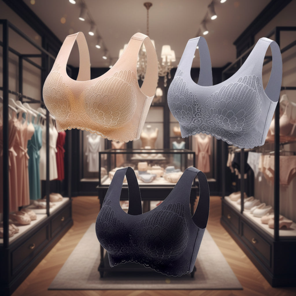Three lace-trimmed bras in beige, gray, and black on a white background
