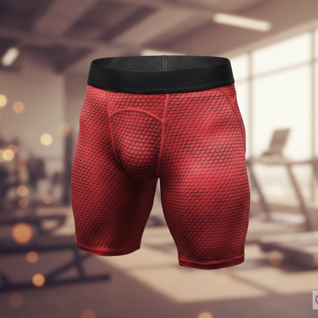 Red compression shorts with black waistband on a white background