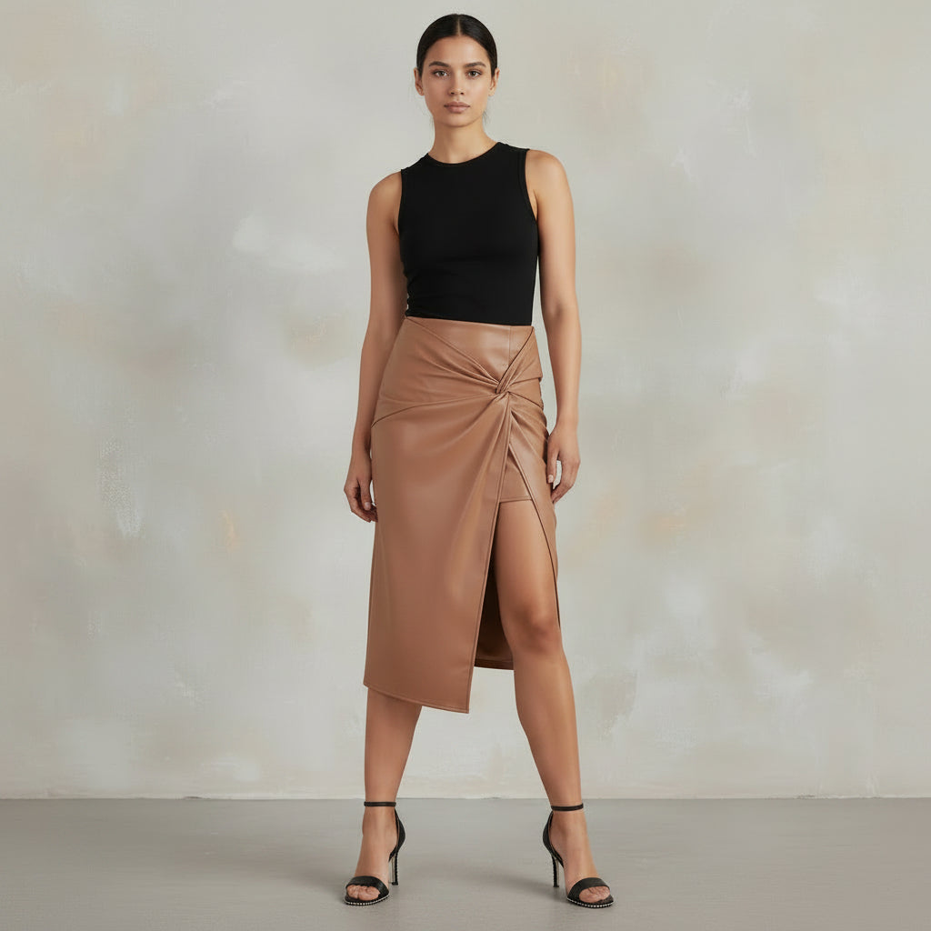 Brown leather skirt with a high slit worn by a person on a plain background