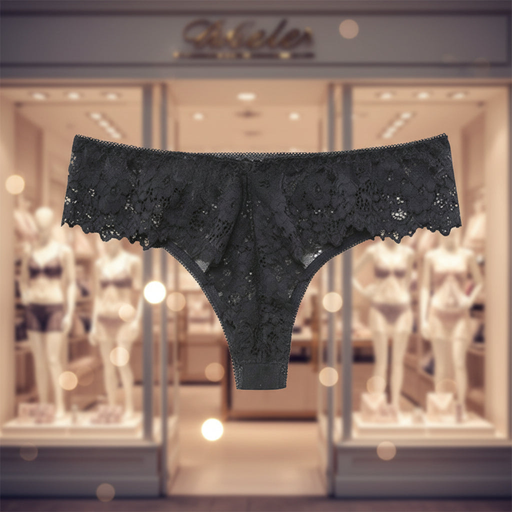 Black lace thong on a white background