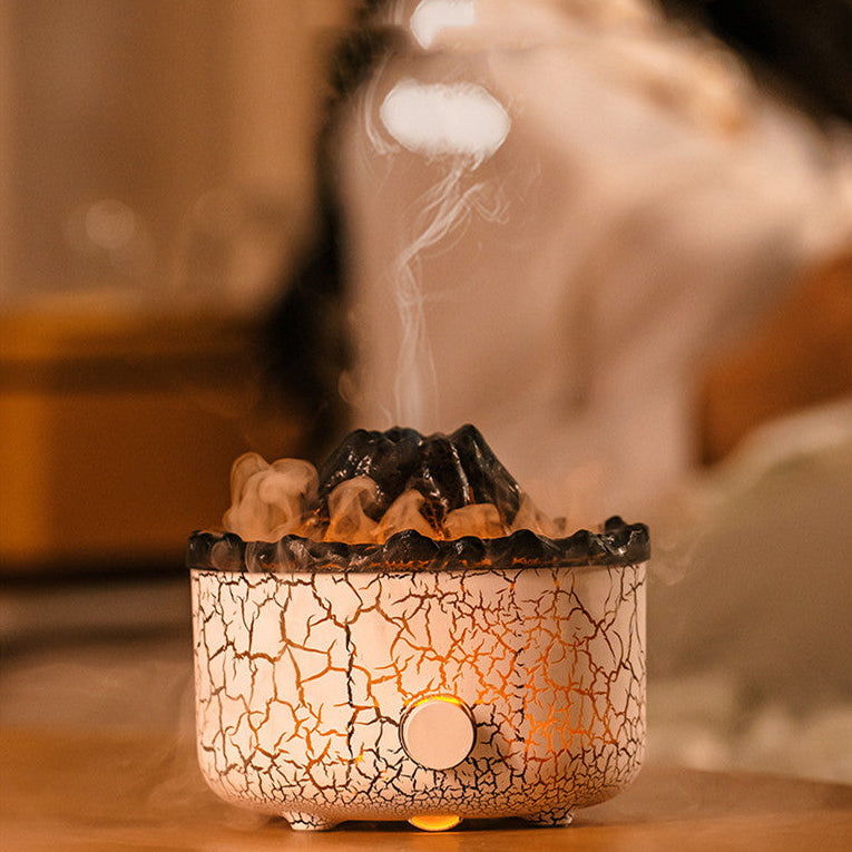 Ceramic incense burner with crackled design and smoke in a warm setting