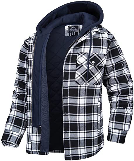 Plaid jacket with navy hood on a white background