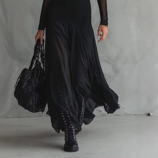 Person wearing a long black dress with sheer sleeves against a gray background