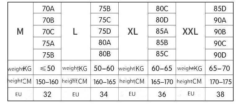 Size chart with weight and height ranges for clothing measurements.