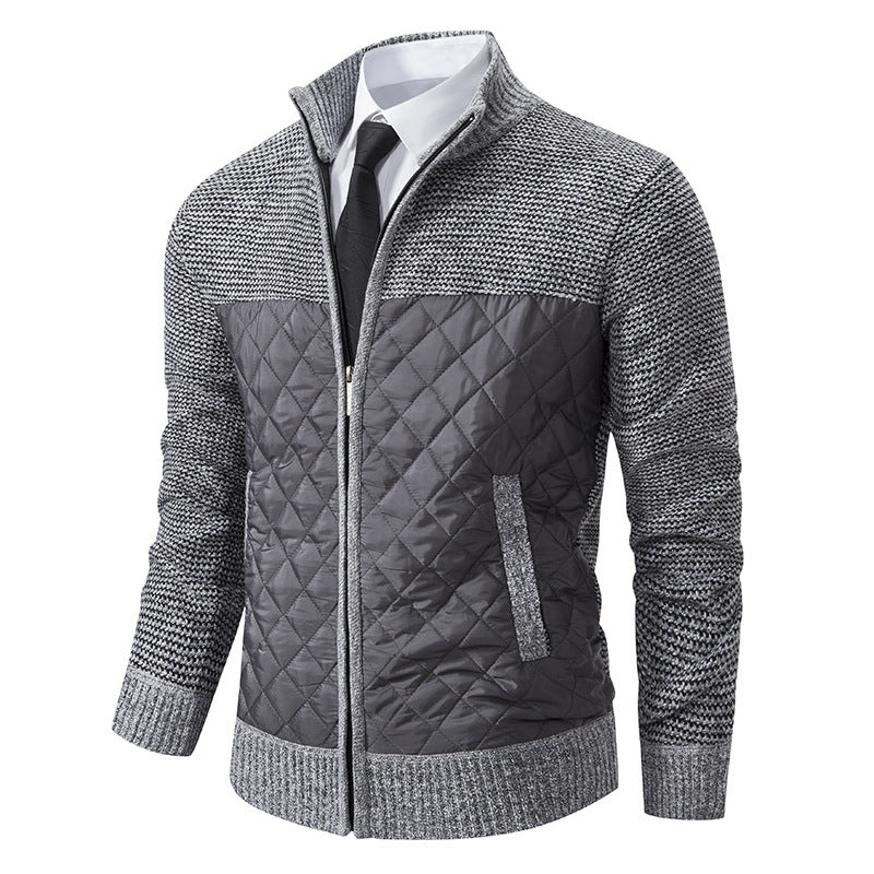 Gray quilted jacket with patterned sleeves on a white background