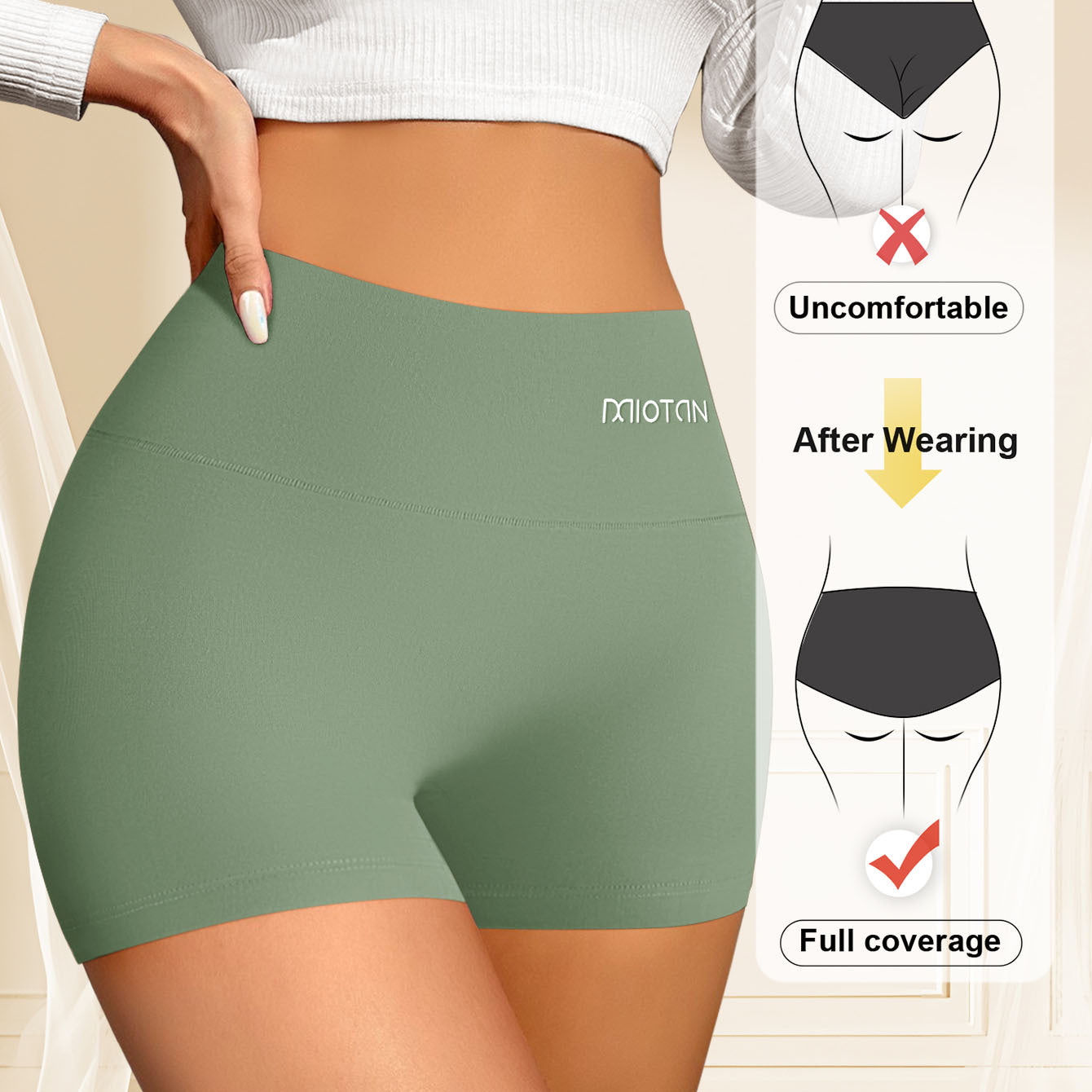 Green shorts worn by a person with a diagram showing comfort improvement after wearing the product.