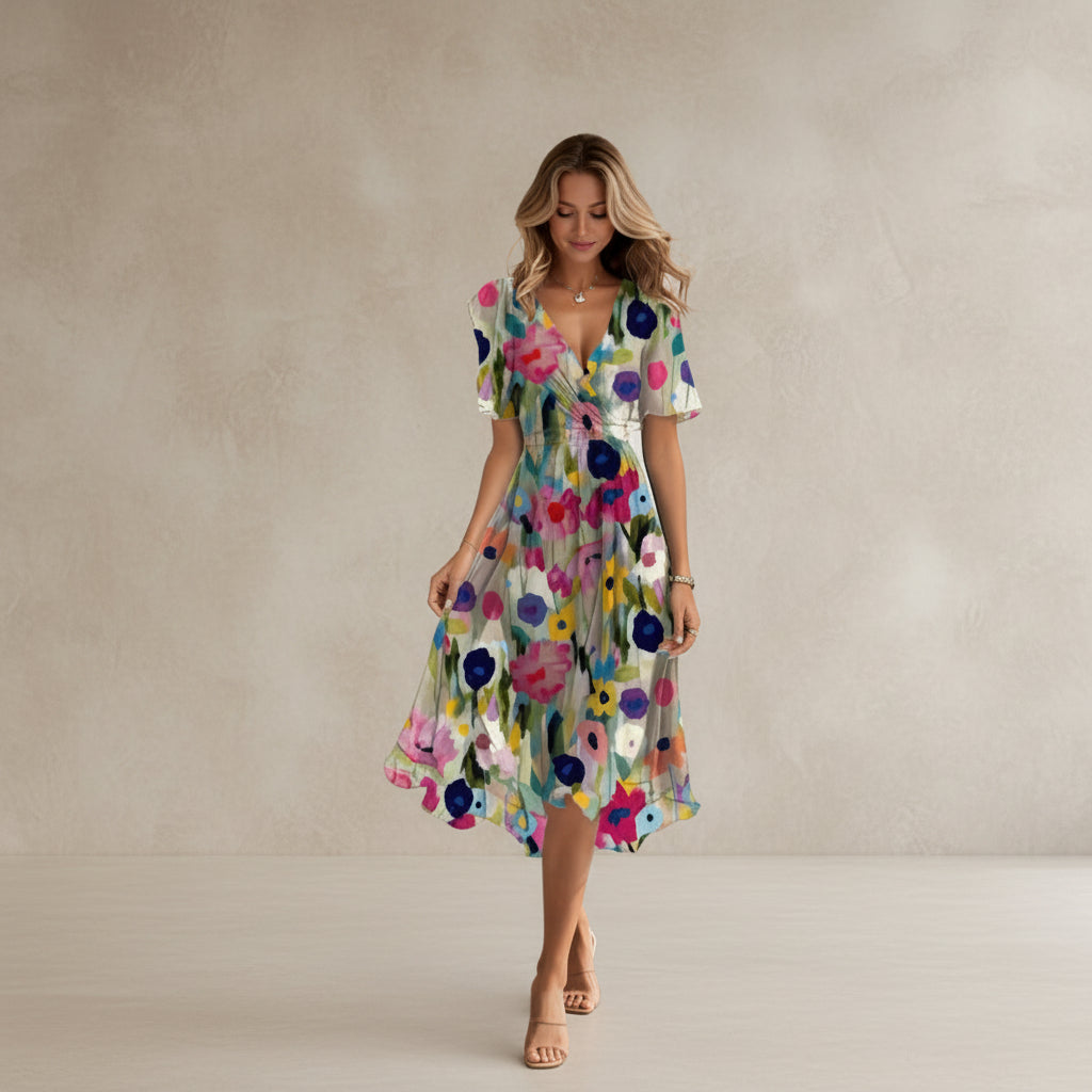 Woman wearing a colorful floral dress on a white background