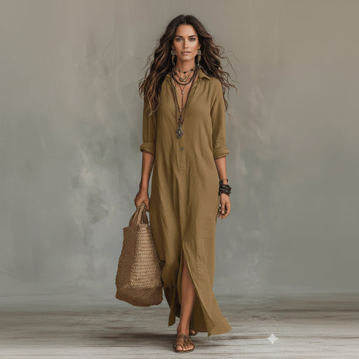 Woman wearing a long olive green dress holding a woven bag against a gray background