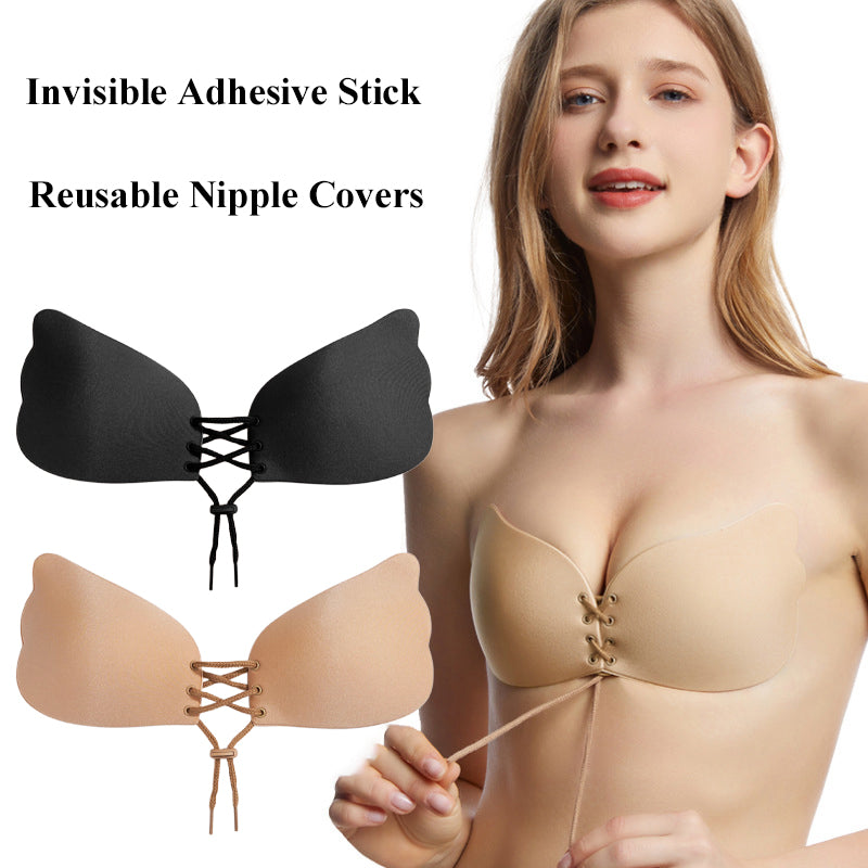 Reusable nipple covers with a model wearing them, labeled as 'Invisible Adhesive Stick Reusable Nipple Covers'.