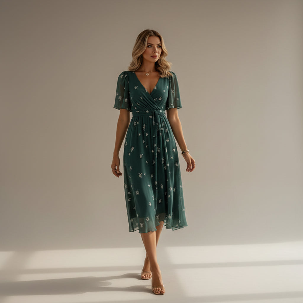 Green floral dress worn by a model on a white background
