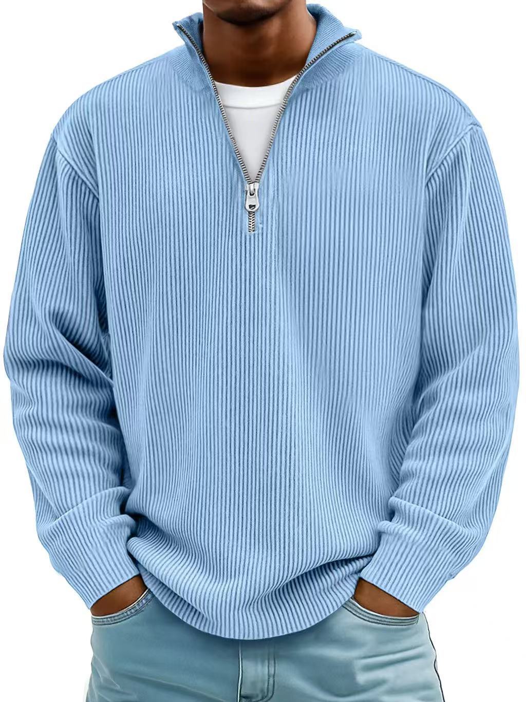 Corduroy Zipper Stand Collar Sweatshirt - AmiraMart