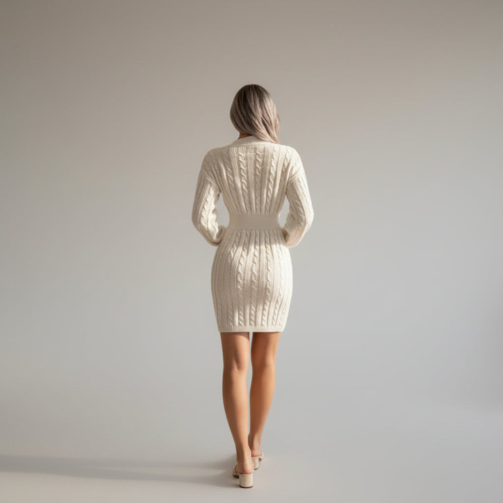 Person wearing a light gray cable knit dress with long sleeves in a casual setting.