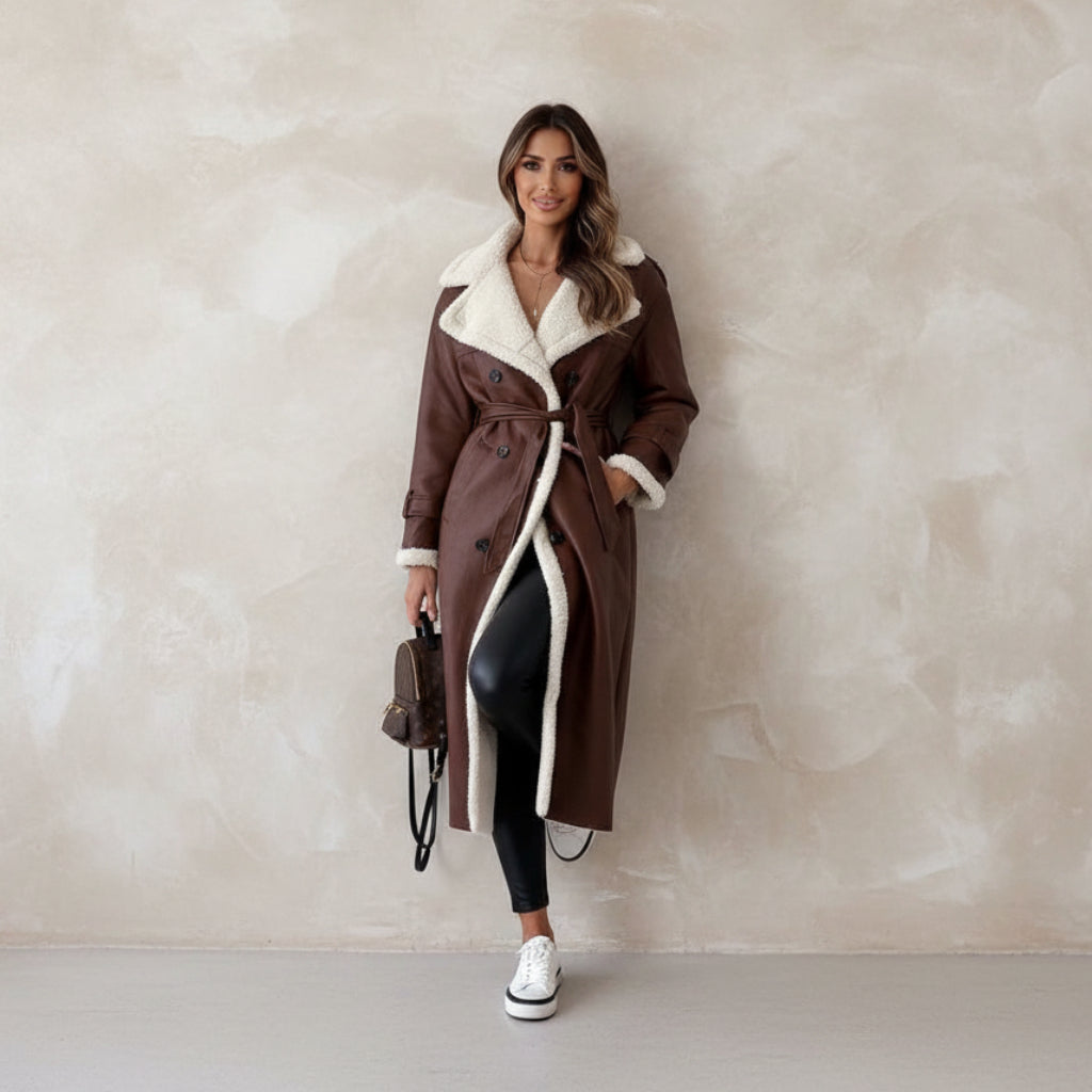 Woman wearing a brown coat with white fur lining against a white background