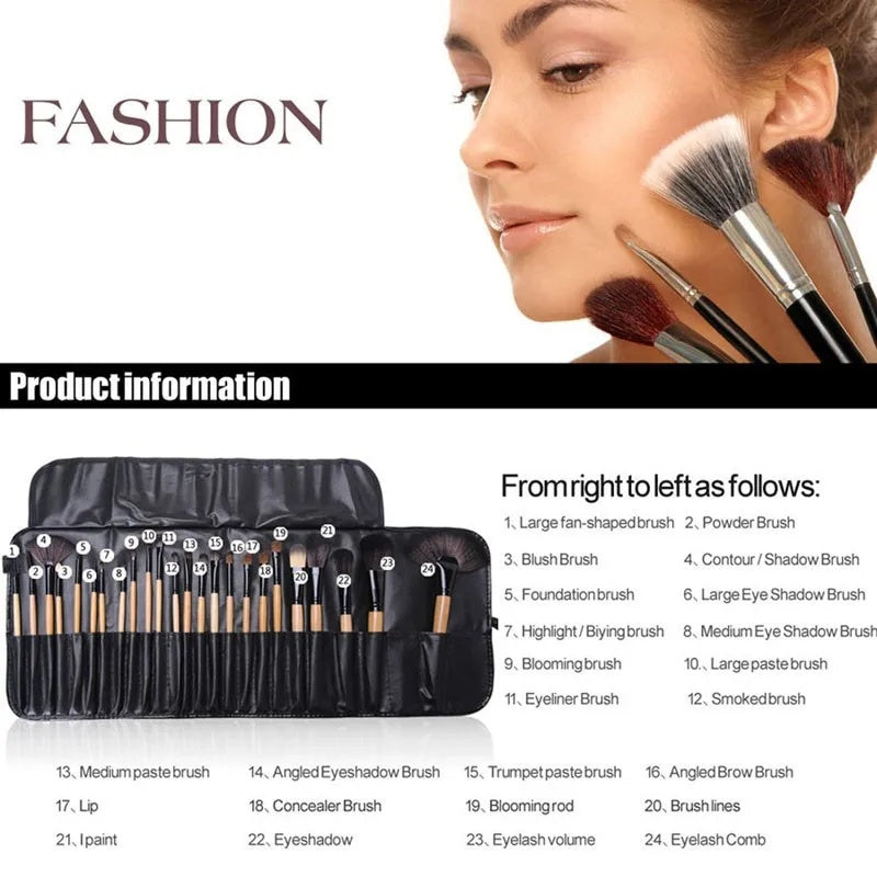 Makeup brushes set with a woman's face and product information.