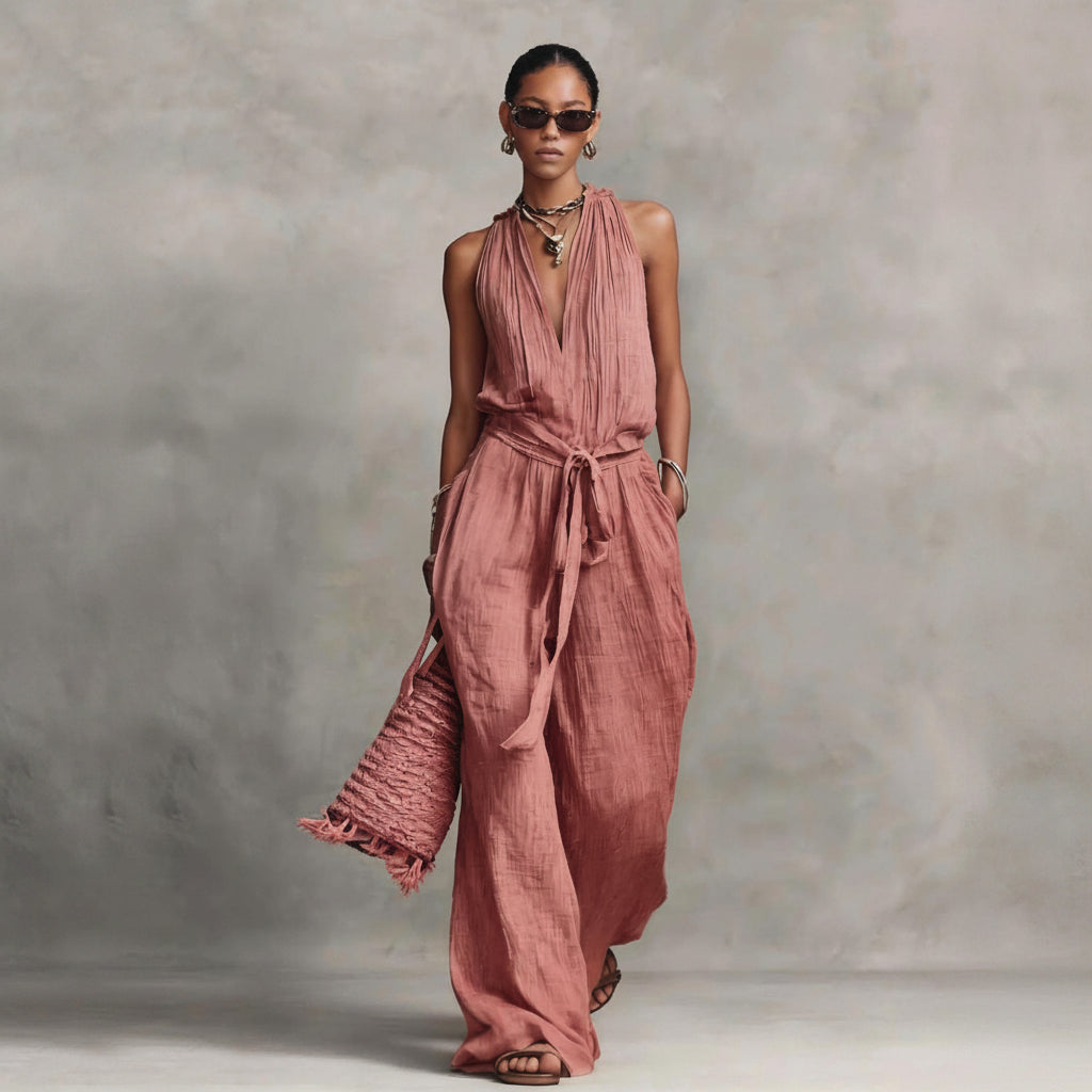 Woman wearing a pink jumpsuit against a gray background