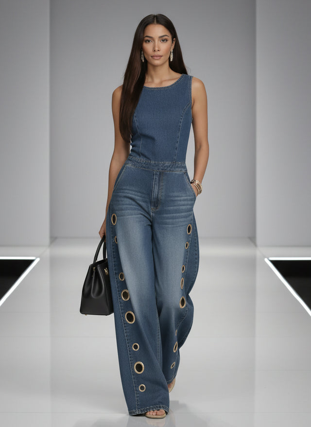 Woman wearing a blue denim jumpsuit with grommet details on a white background