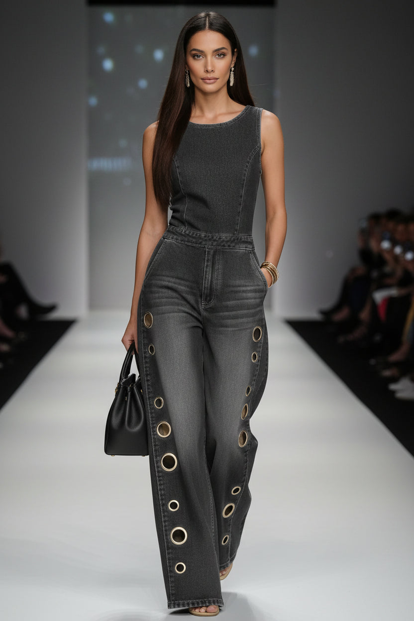 Woman wearing a black denim jumpsuit with grommet details on a white background