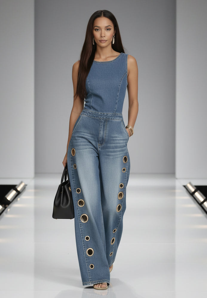 Woman wearing a blue denim jumpsuit with grommet details on a white background