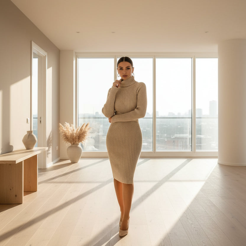 A woman stands in a bright, modern room with large windows, wearing a beige ribbed turtleneck midi dress and nude heels.