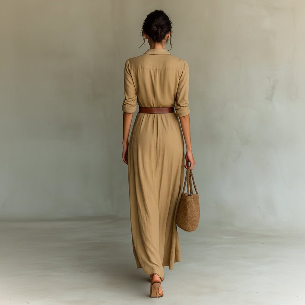 Woman wearing a long beige dress with a brown belt and holding a matching handbag against a plain background.