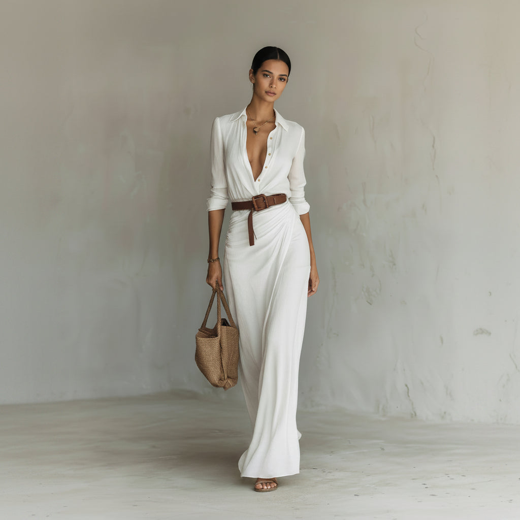 Woman in a white dress with a brown belt holding a woven bag against a plain background