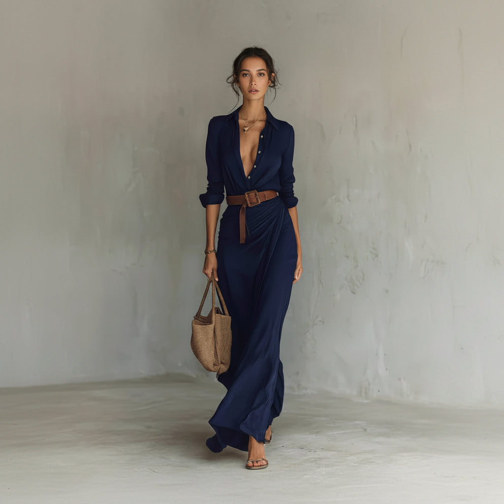 Woman in a long navy dress holding a brown bag against a plain background