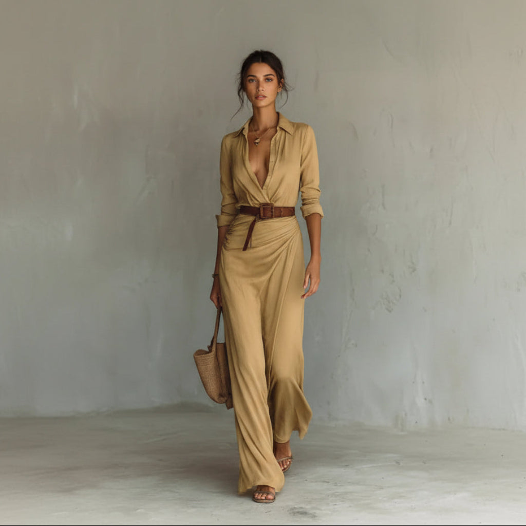 Woman wearing a long beige dress with a belt, holding a woven bag against a plain background.
