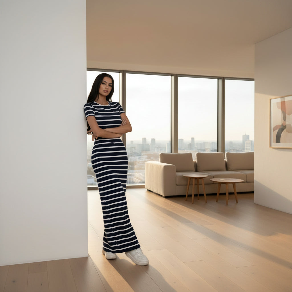 Person wearing a navy and white striped outfit with wide-leg pants in a minimal indoor setting.