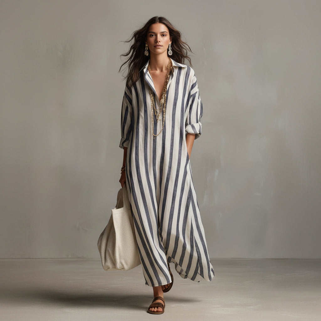 Woman wearing a long, striped dress against a neutral background