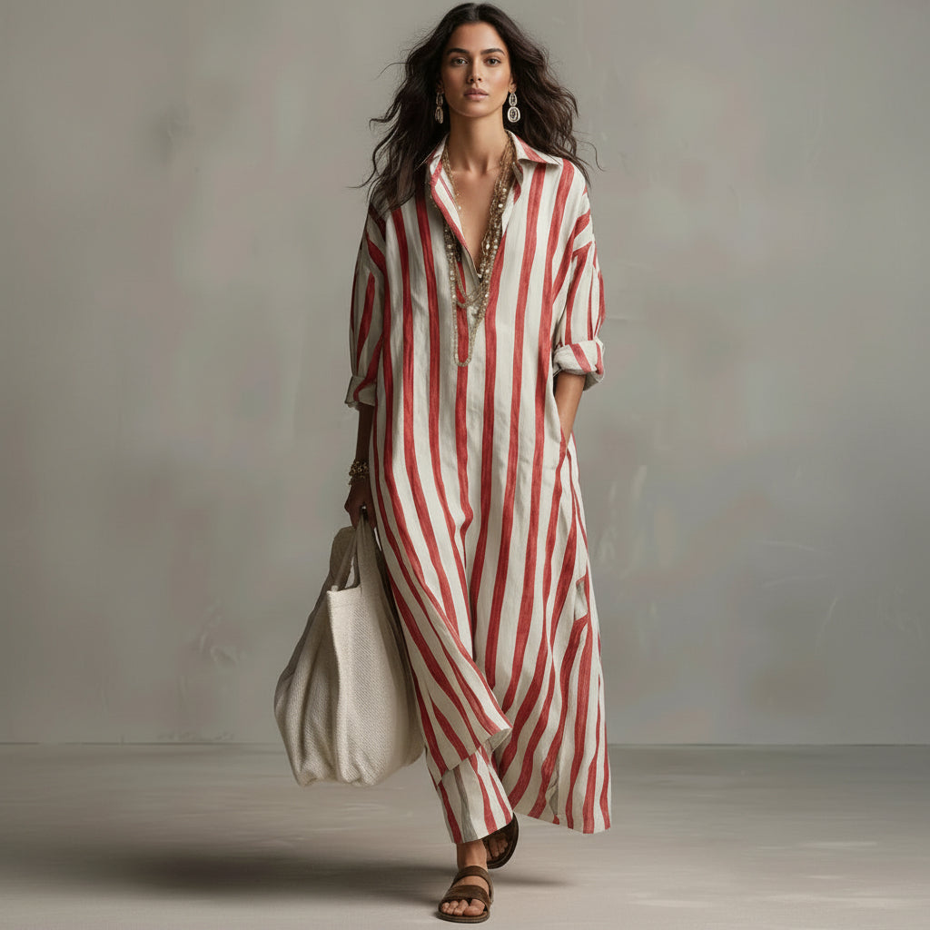 Woman wearing a red and white striped dress holding a beige bag against a neutral background