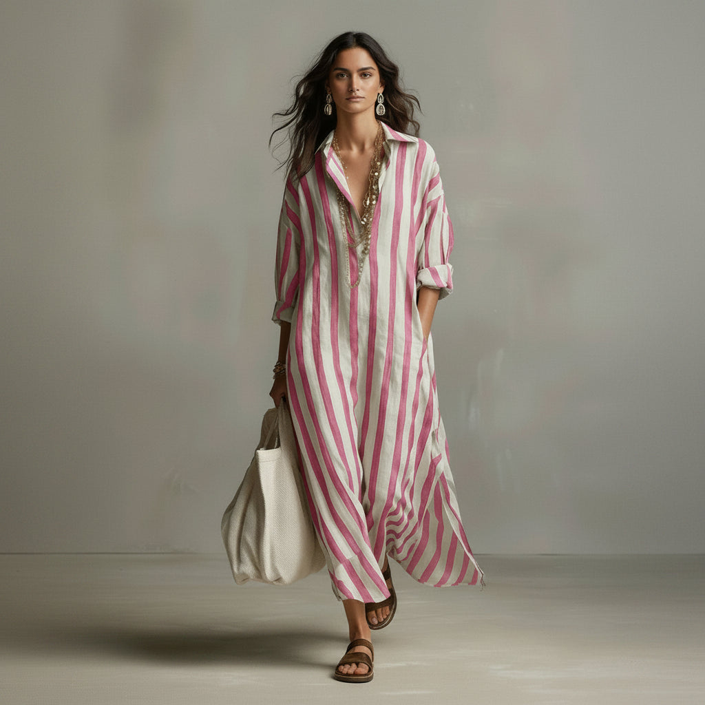 Woman wearing a pink and white striped dress with a plain background