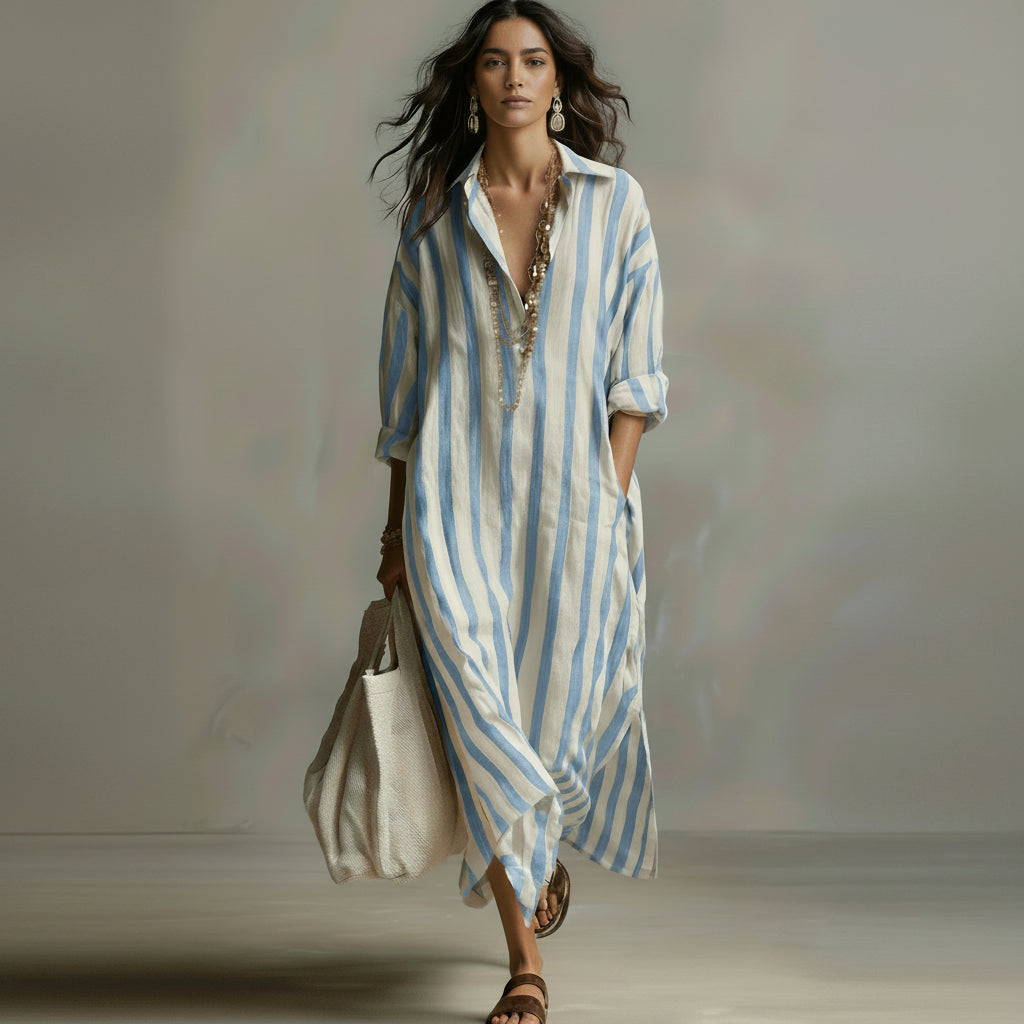 Woman wearing a blue and white striped dress with a plain background