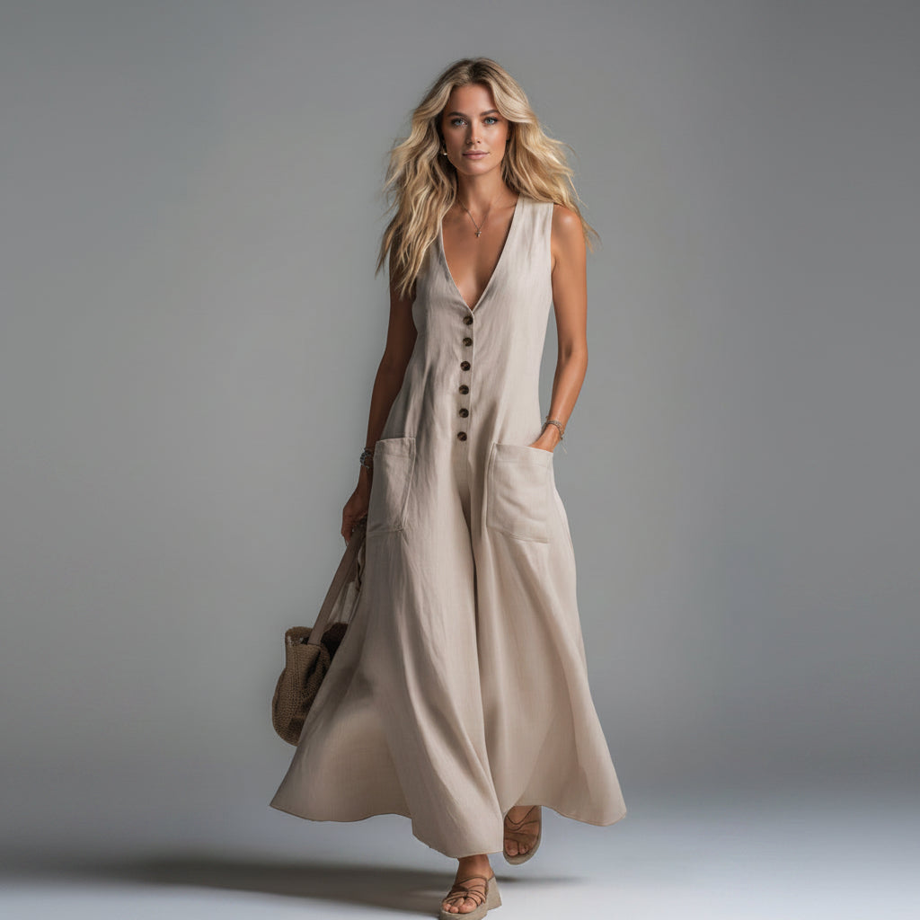 Woman wearing a beige sleeveless dress with buttons on a gray background