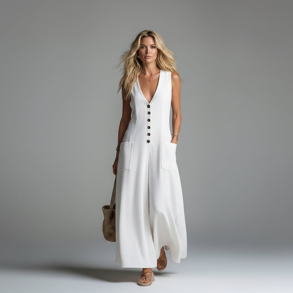 Woman wearing a white sleeveless jumpsuit with buttons on a gray background